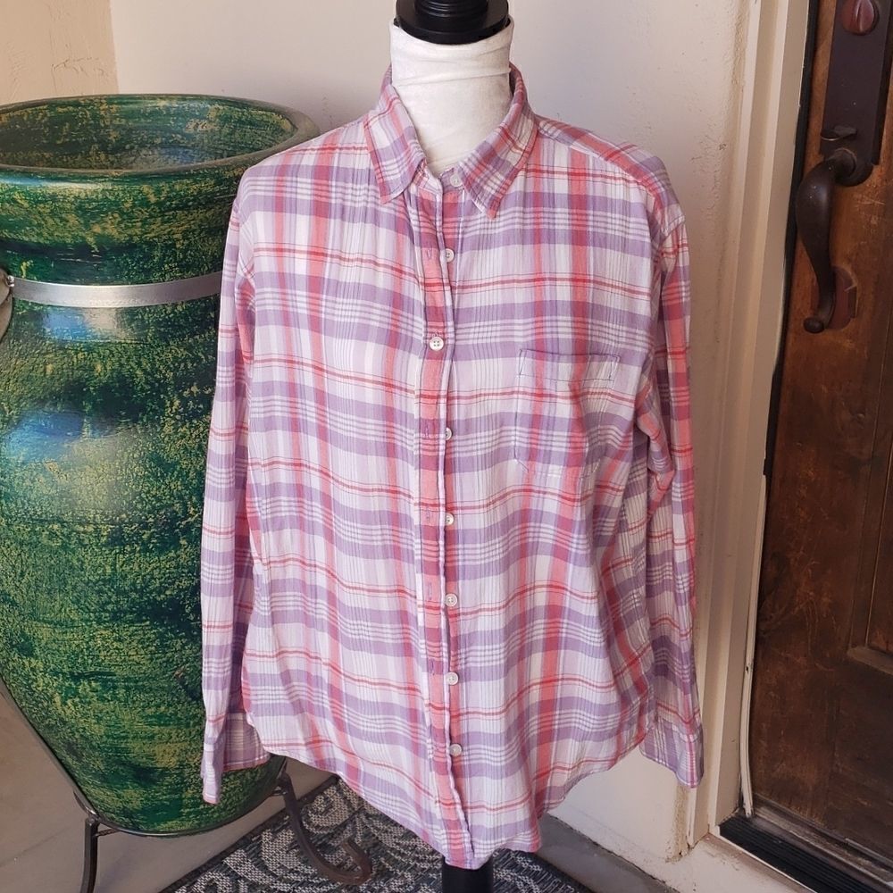 American eagle pastel plaid long sleeve blouse size Med